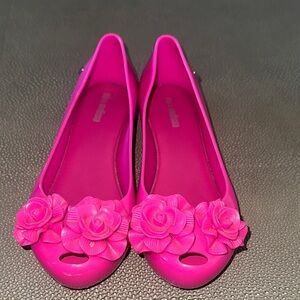 Mini Melissa Bright Pink Jelly Ballet Flats with Heart Detail
